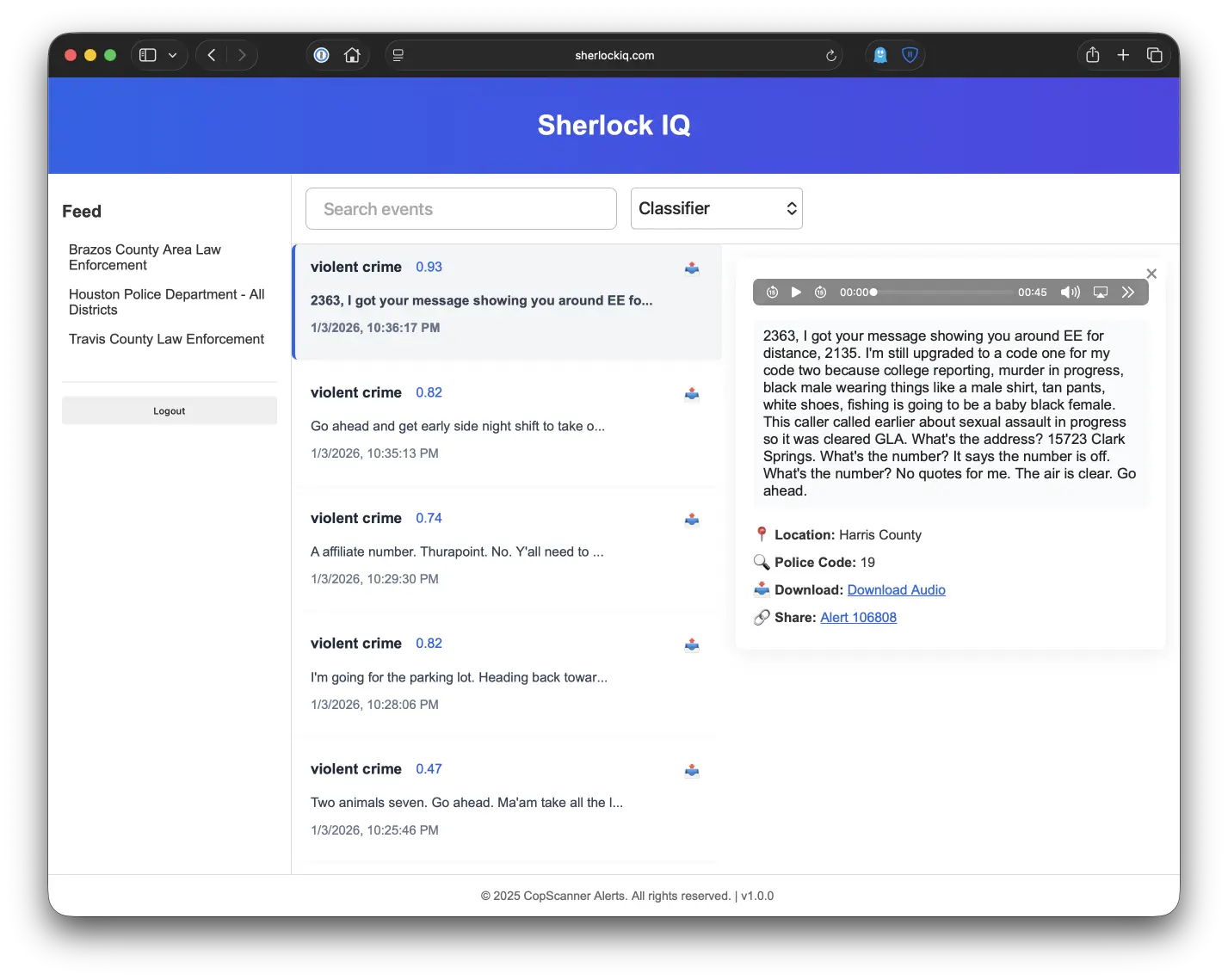 SherlockIQ audio monitoring application interface