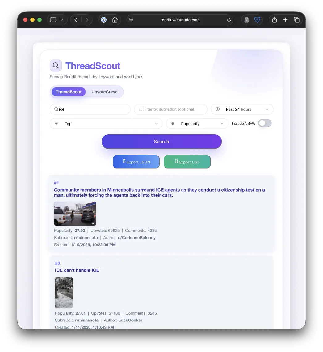 ThreadScout Reddit search results view