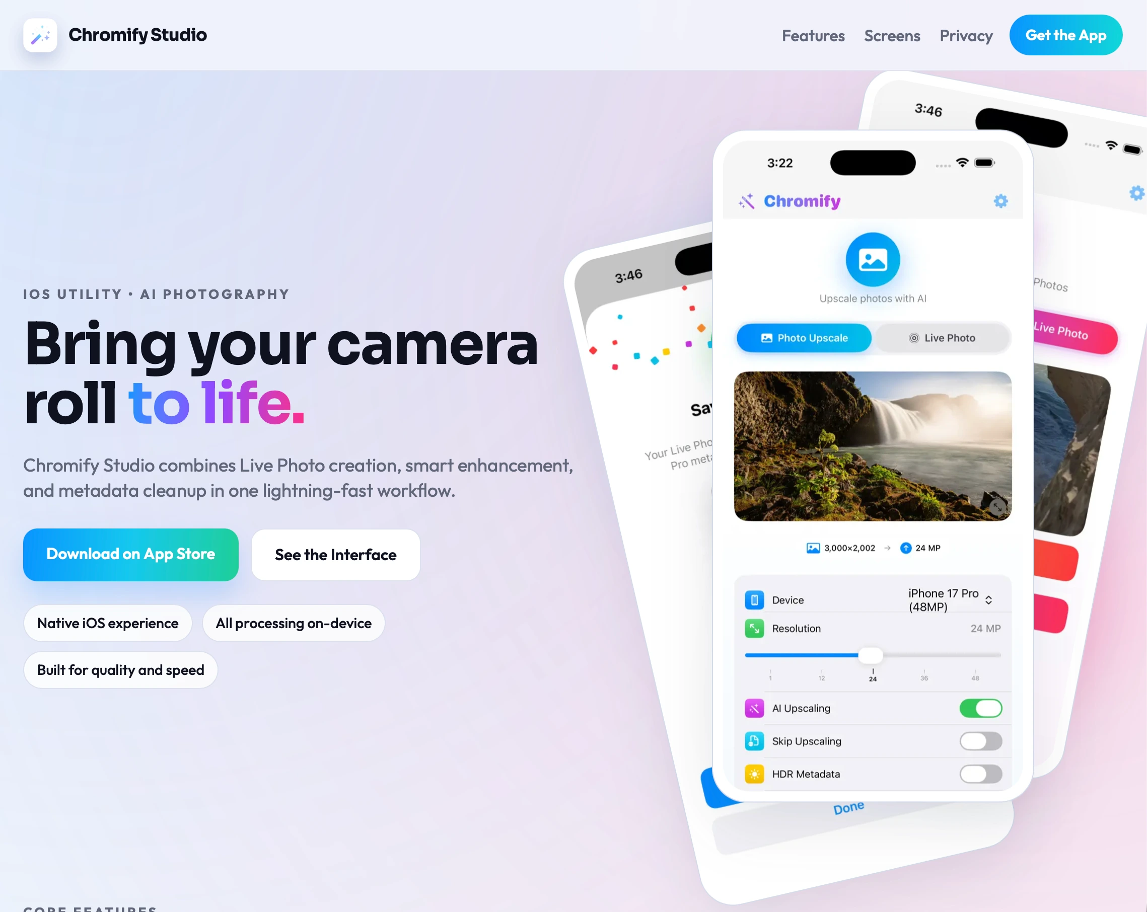 Chromify iOS photo enhancement app interface