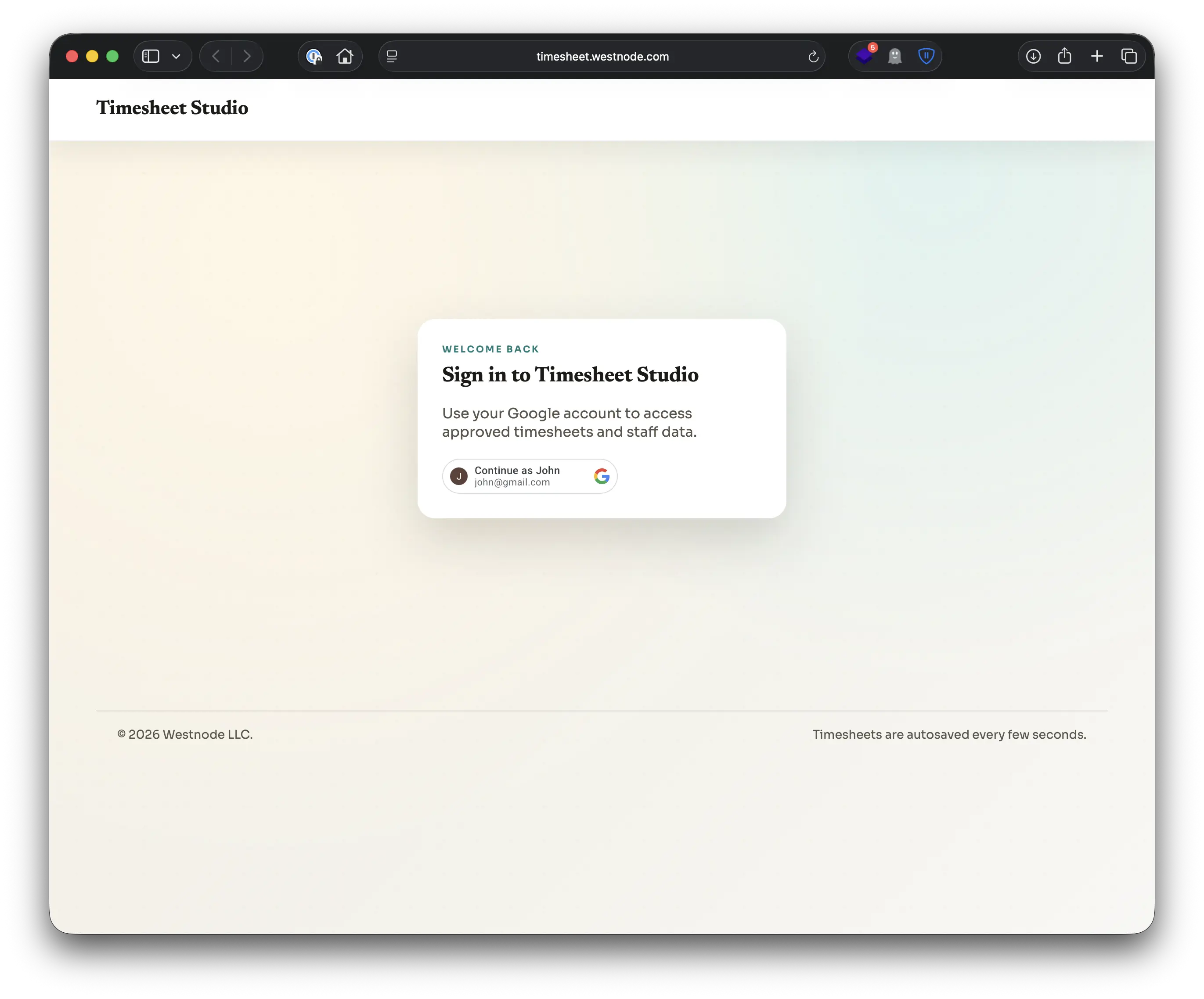 Timesheet Studio login screen
