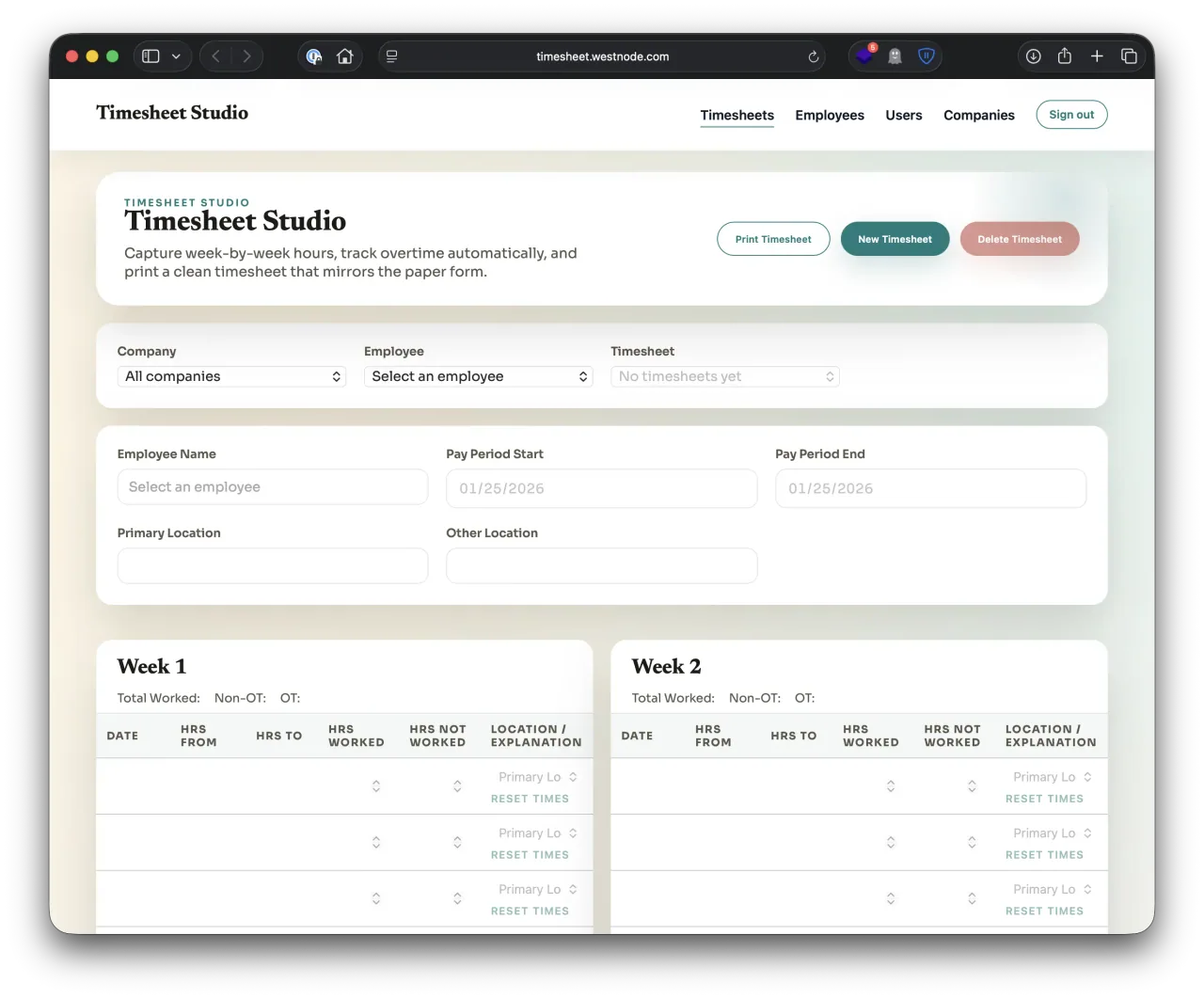 Timesheet Studio weekly time-entry interface